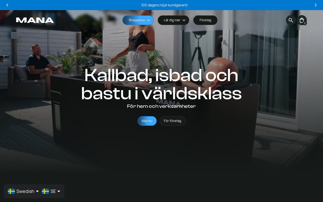 Förhandsbild av Visit Mana, en webbshop för kallbad, isbad och bastu.
