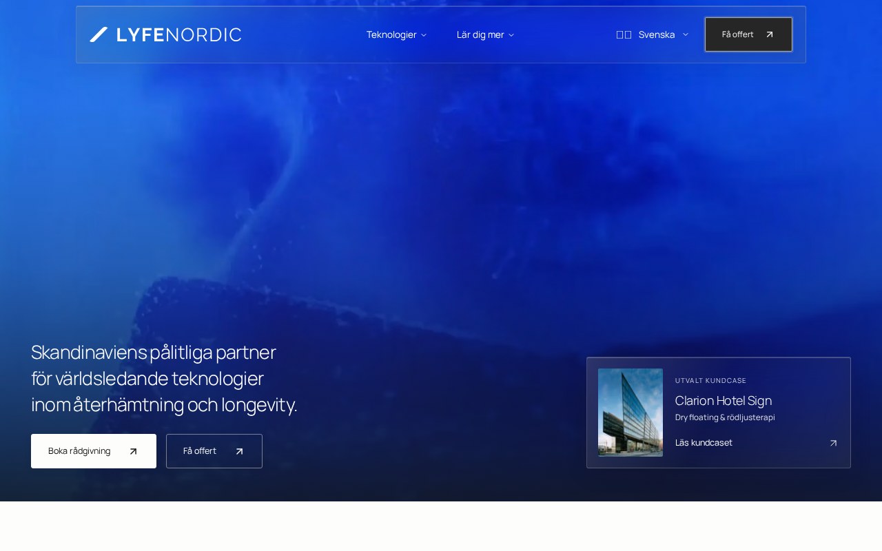 Förhandsbild av Lyfe Nordic, en mörkblå startsida med rubriken Skandinaviens pålitliga partner för återhämtning och longevity.
